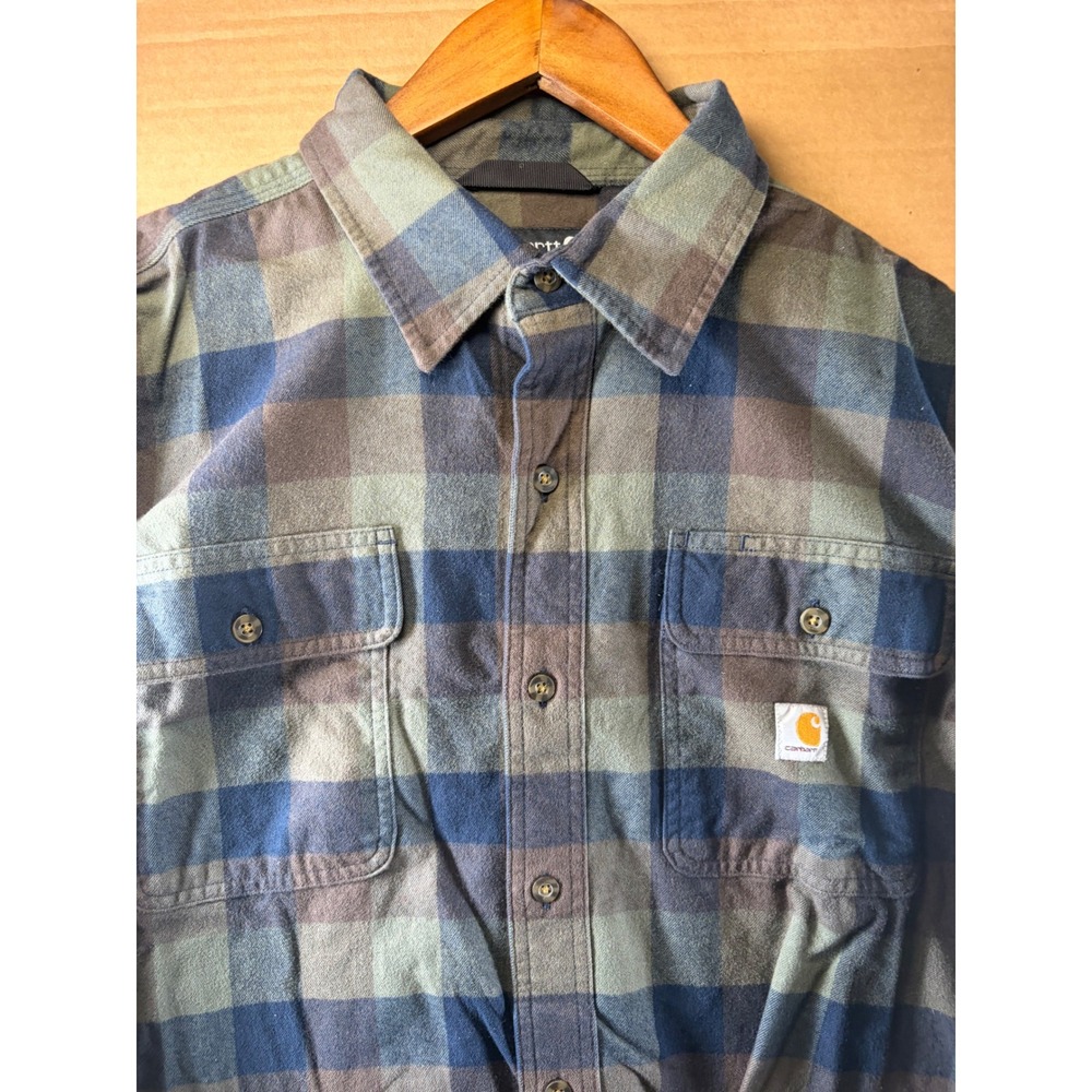 Carhartt Flannel Shirt Mens Size M Blue Green Plaid Loose Fit Cotton Button Down